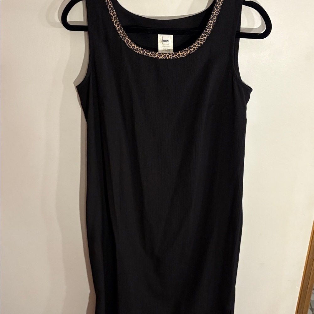 Vintage 1980s Black Sheath Dress With Leopard Trim Office Casual Retro Size 10P - Picture 10 of 17